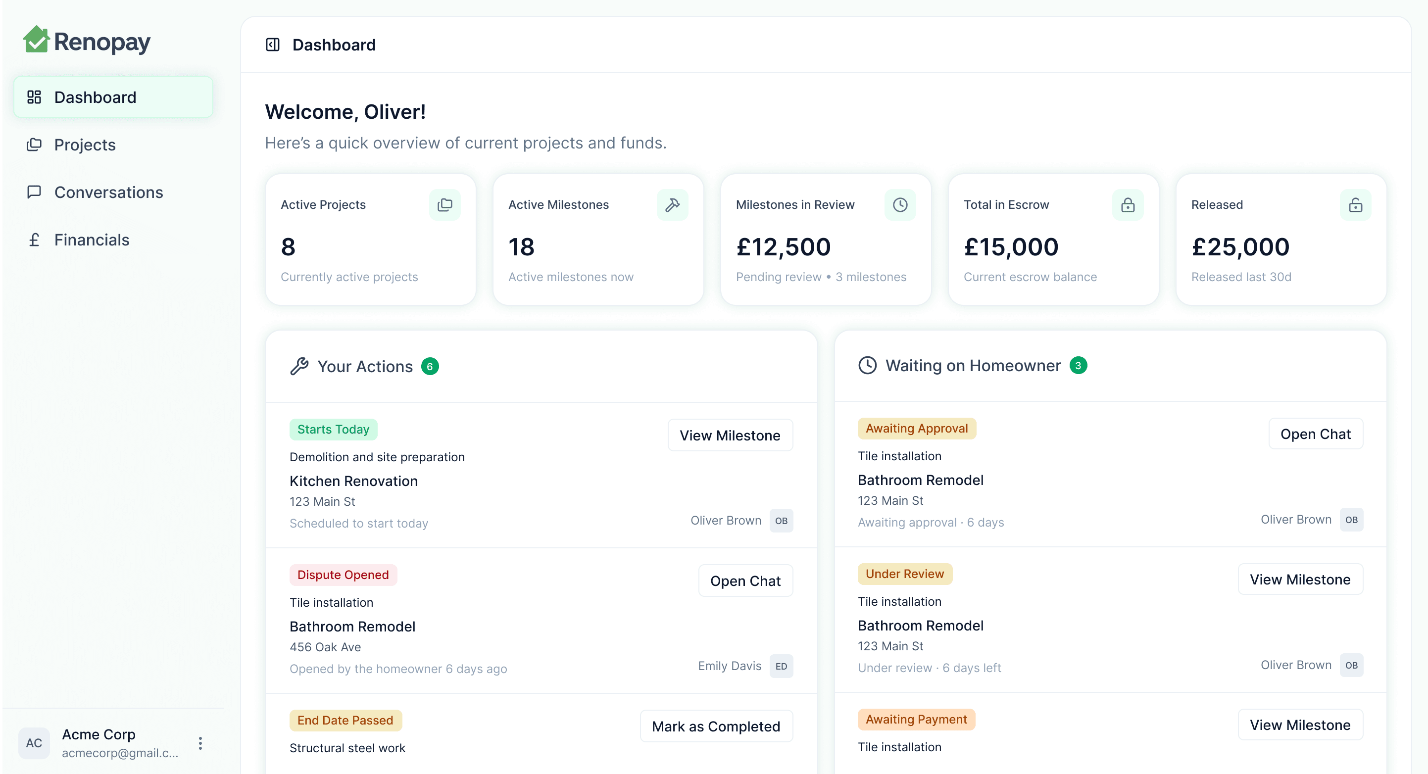 Renopay builder dashboard showing active projects, milestones, and escrow balances