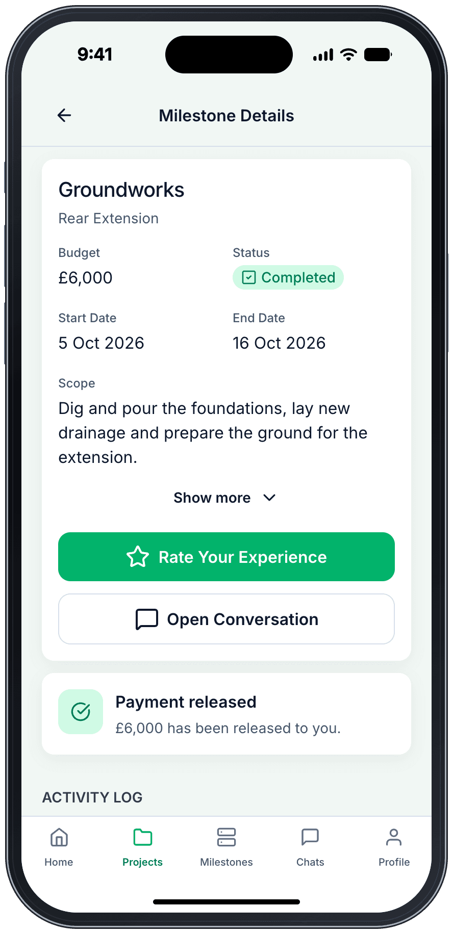 Renopay app, builder view: a £6,000 groundworks stage completed, with the payment released