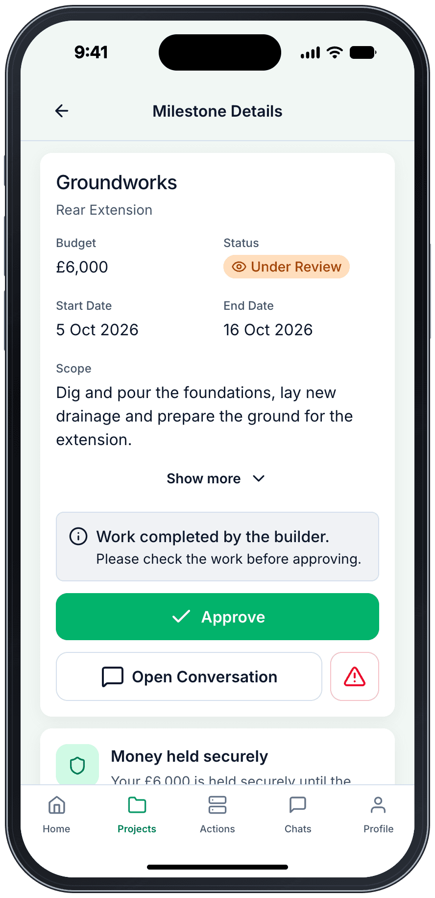 Renopay app, homeowner view: a £6,000 groundworks stage under review, with the money held securely