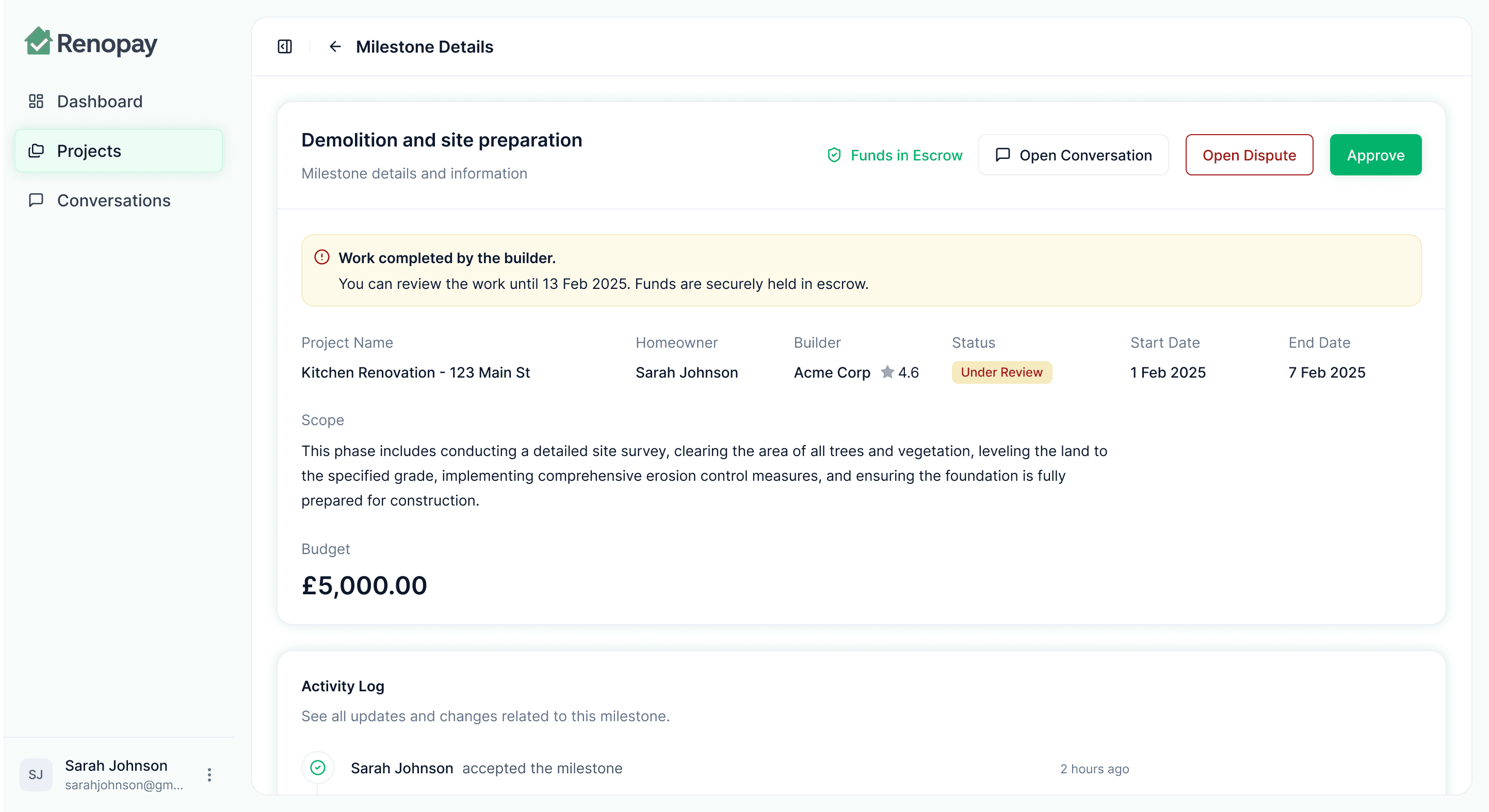 Renopay homeowner dashboard showing milestone review and escrow protection